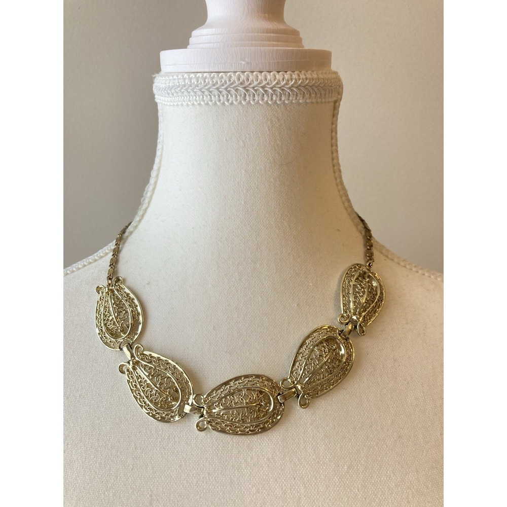 Vintage‎ Japan Gold Tone Filigree Teardrop Link Collar Necklace Ornate Statement